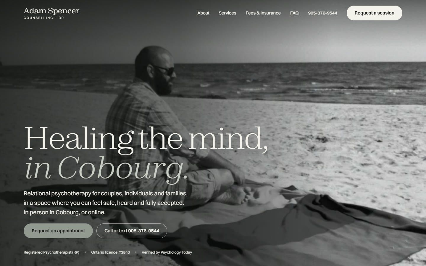 After: the new Adam Spencer Counselling homepage, a black-and-white beach photo under the headline Healing the mind, in Cobourg