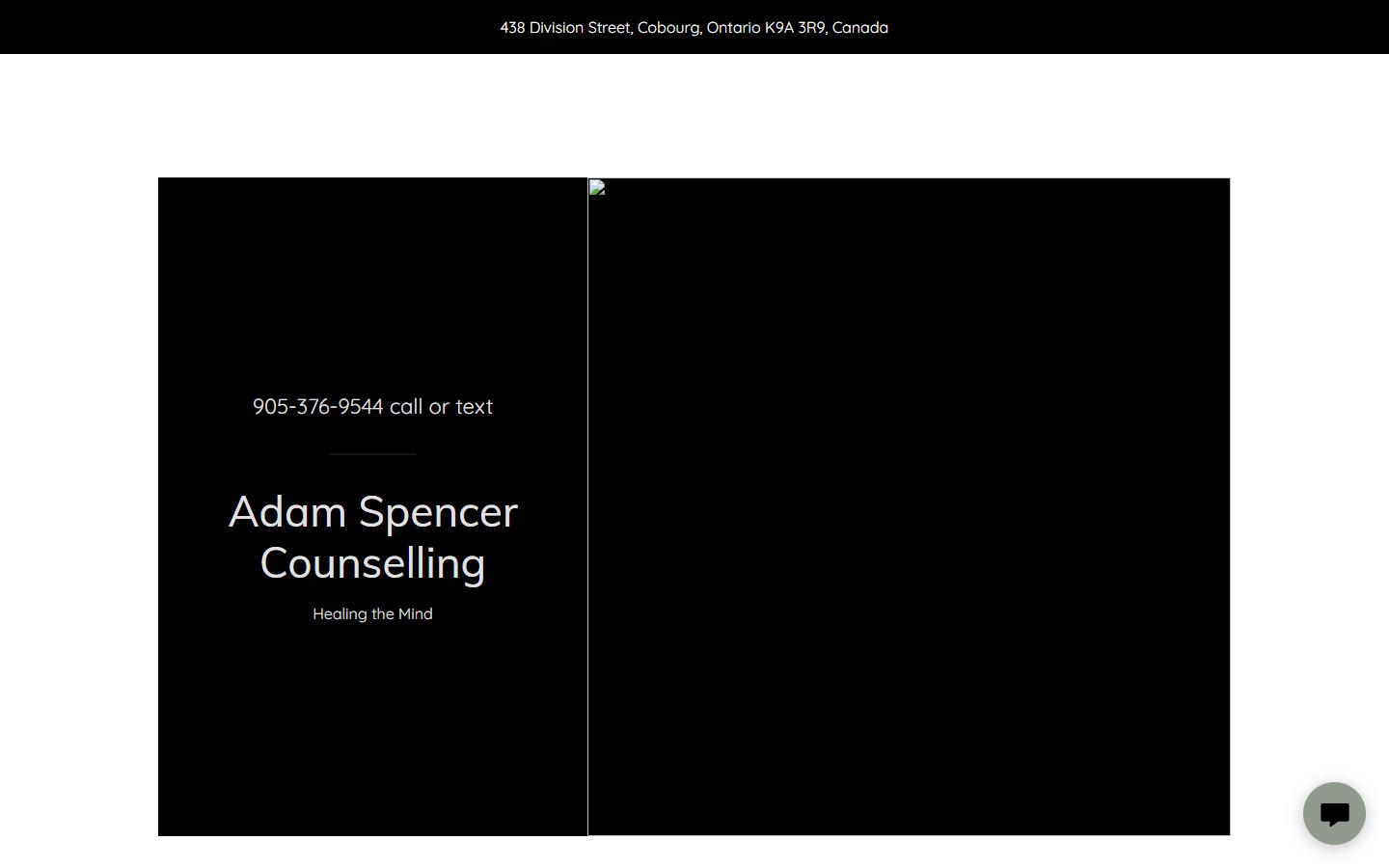 Before: the old template homepage, a black panel with the practice name and phone number